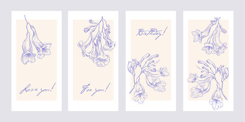 Vector floral template for design greeting card invitation gift. Outline style flowers jacaranda tree. Violet elements on a beige background. Hand drawn illustration