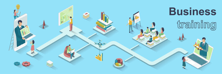 Fototapete - Business training concept 3d isometric web banner. People listen to speaker at seminar, improve professional skills by business meetings. Vector illustration for landing page and web template design