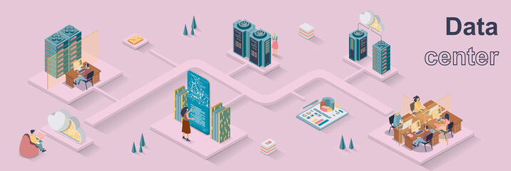 Aufkleber - Data center concept 3d isometric web banner. People engineers work in server rooms, support operation of software and hardware database. Vector illustration for landing page and web template design