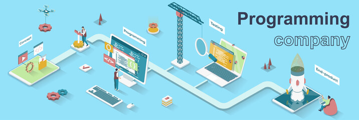 Programming company concept 3d isometric web banner. People develop software and programs, write code, test, optimize and launch product. Vector illustration for landing page and web template design