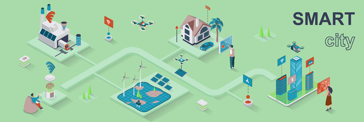 Fototapete - Smart city concept 3d isometric web banner. People use wireless monitoring and control, security system, eco-friendly infrastructure. Vector illustration for landing page and web template design