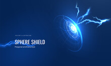 Protective Shield With Lightning In A Futuristic Style On A Dark Background With A Glowing Effect. Sparks Strike The Dome Like A Cyber Armor Concept Or A Force Energy Field Effect. Vector Illustration