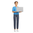 A man with a laptop. 3d illustration of a smiling young adult character.