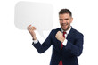 © Viorel Sima - businessman holding a speech bubble and celebrating success