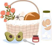 Picnic Basket With Wild Flowers And Snacks Illustration