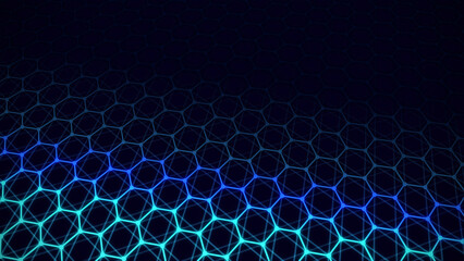 Leinwandbilder - Dynamic particles wave. Blue hexagons on black background. Digital landscape. 3d rendering. Futuristic hexagon illustration. HUD element.