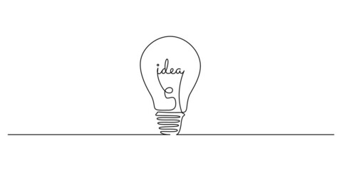 Wall Mural - Light bulb with idea in one continuous line drawing. Innovation symbol and creative mind concept in simple linear style. Editable stroke. Doodle Vector illustration