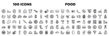 Food 100 Editable Thin Line Icons Set. Food Outline Icons Collection. Birthday Cake With One Candle, Alcoholic, Drinking, Fodder, Spaguetti, Milky, Oyster Omelette Vector Illustration.