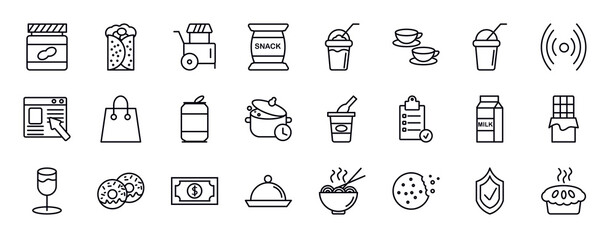 Wall Mural - fast food editable line icons set. fast food thin line icons collection. peanut butter, burrito, street food, snack, frappe, cups, beverage vector illustration.