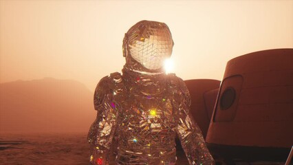 Wall Mural - cosmos concept. a diamond astronaut walks across against the backdrop of a space base. 3d animation
