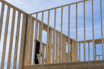 Wall Mural - Worker in holding plank installing it on household construction using air hammer in nailing wooden beams