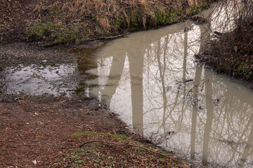 Wall Mural - Confluence of two rivers with one being polluted.