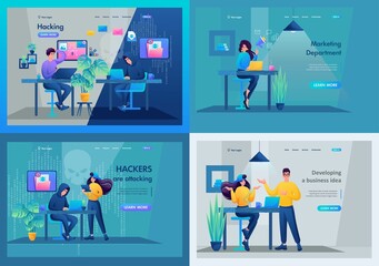 Wall Mural - set of landing pages. a hacker hacks the mail and makes an attack on the network. marketing departme