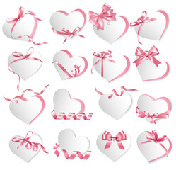 Poster - Set of beautiful gift shape heart cards with pink gift bows and ribbons. Vector illustration.