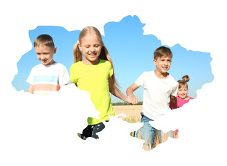 collage with little children in wheat field and map of ukraine on white background
