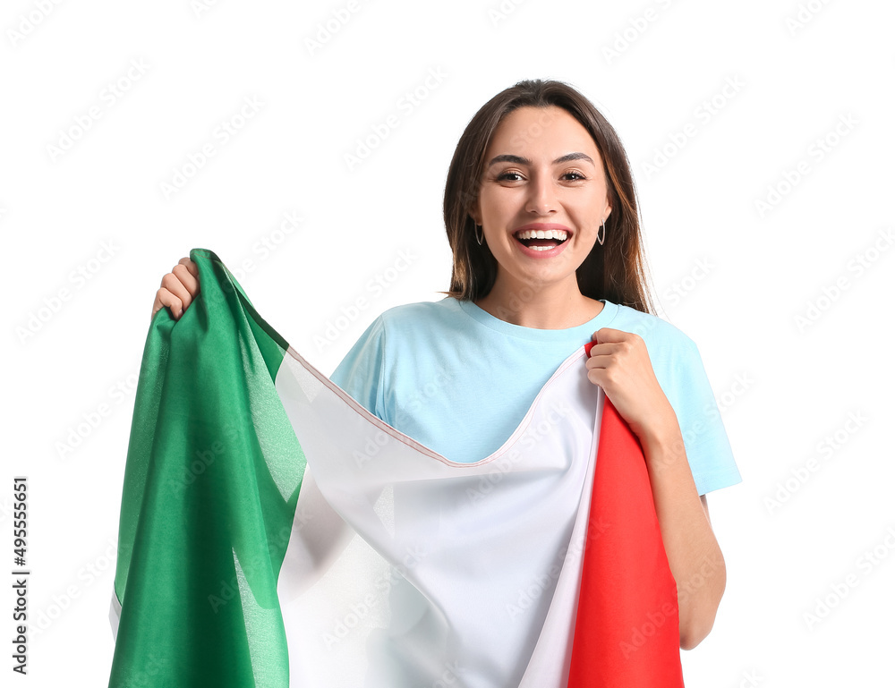 Young woman with Italian flag on white background