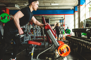 Poster - Young male athlete performs exercises with dumbbells in the gym. Strength training