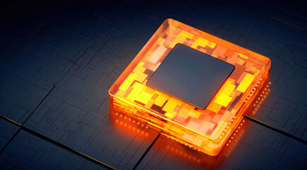 3D rendering of cyberpunk AI. Circuit board. Technology background. Central Computer Processors CPU and GPU concept. Motherboard digital chip. Tech science background.