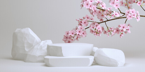 Wall Mural - japanese style stone podium and cherry blossom white background for product presentation. 3d renderi