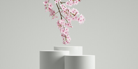 Wall Mural - cosmetic background. podium and cherry blossom white background. for branding and product presentati