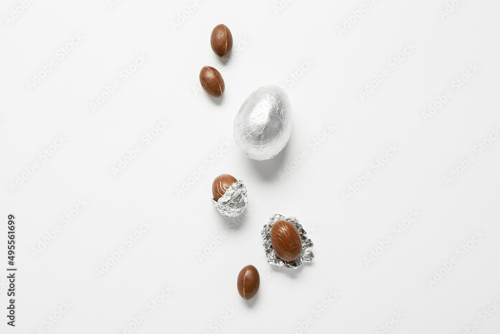 Delicious chocolate Easter eggs isolated on white background