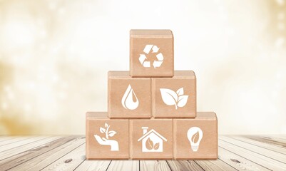 Sticker - Concept of environmental.  Wooden cube block with icon, social and corporate governance concept