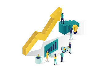 isometric vector illustration a group of people characters are preparing a business project start up. rise of the career to success, business isometric, business analysis