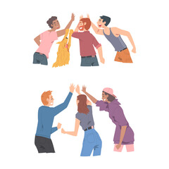 Wall Mural - People giving high five set. Friends clapping their hands in informal greeting gesture cartoon vector illustratio