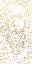 Esoteric Banner For Astrology, Astronomy, Tarot. The Magical Device Of The Universe, The Golden Sun And Moon On A White Space Background. Vintage Vector Illustration, Story Background.