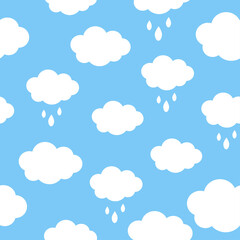 Wall Mural - Seamless pattern background with white fluffy cartoon clouds on light blue sky. Vector illustration for kids fabric or backdrop.