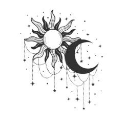 Sky print print, sun and crescent moon with bead and star embellishments. Vector illustration isolated on white background. Boho tattoo for a witch.