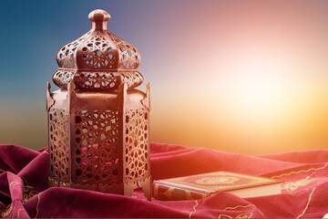 Arabian lantern with dusk sky and sunset for the Muslim feast of the holy month of Ramadan Kareem.