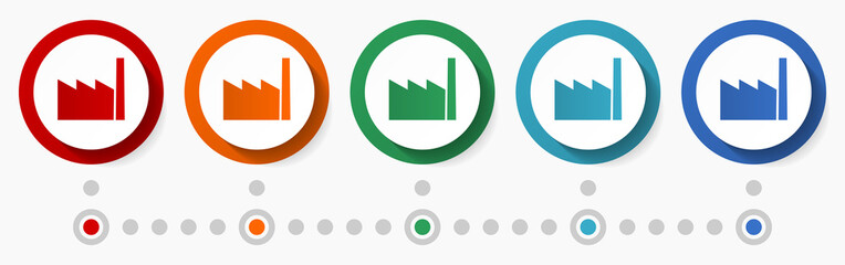 Fototapete - Factory, industry concept vector icon set, flat design colorful buttons, infographic template in 5 color options