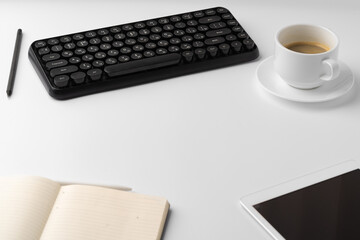 Poster - Office desk with laptop, blank notebook and coffee cup