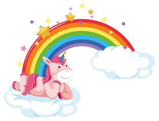 Poster - Cute unicorn lying on cloud with rainbow in cartoon style