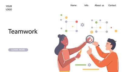 Teamwork, collaboration, the concept of creative partnership.A man and a woman are working together to create a corporate project.Template for the landing page of the website, mobile application.