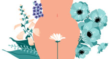 Women's Health. Female Hips. Bikini Line. Abstact Flowers, Anemones And Leaves. The Topic Of Female Intimate Depilation And Hygiene