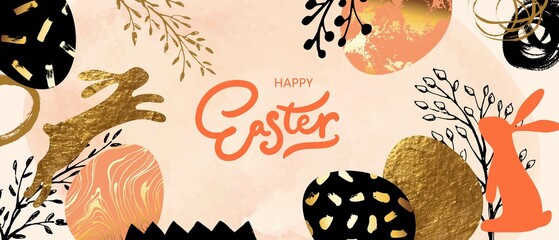 Wall Mural - Happy Easter banner. Hand drawn grunge textures. Golden eggs, hair, rabbit, botanical elements, abstract forms.