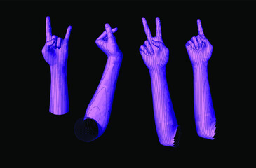 Aufkleber - Set of 3D low-poly hand models made of polygonal wireframe. Futuristic style illustration.