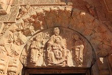 Decorative Sculpture Above The Entrance Door With Vergin Mary And Baby Jesus In Noravank, Armenia