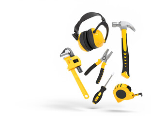 Wall Mural - Flying view of yellow construction tools for repair on white