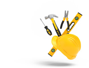 Flying view of yellow construction tools for repair on white