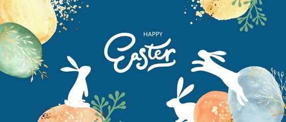 Wall Mural - Happy Easter banner. Colorful design with watercolor abstract forms, bunnies, eggs, golden splatters, botanicals.