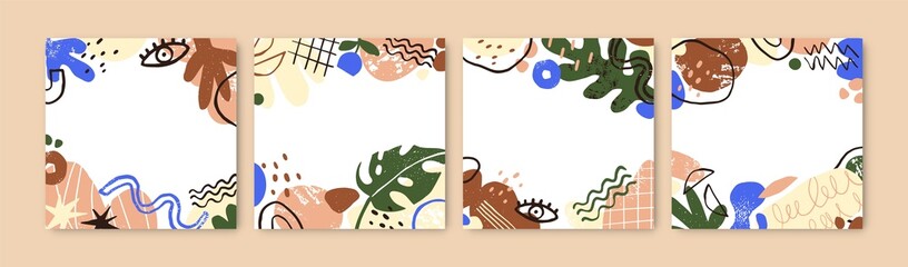 Fototapete - Square card backgrounds with abstract doodle elements, trendy organic shapes, lines, leaf. Modern design of social media posts set. Minimal backdrops with scribbles. Isolated flat vector illustrations