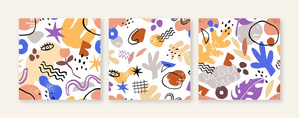 Aufkleber - Abstract shapes patterns set. Seamless doodle textures with repeating creative print. Organic geometric background designs in modern trendy style. Isolated flat vector illustrations for textile, paper