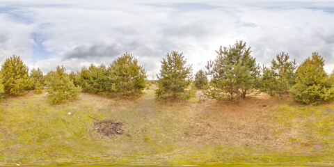 Wall Mural - Amazing landscape with blue sky at spring trees without greens and grass 3D spherical panorama with 360 degree viewing angle Ready for virtual reality vr Full equirectangular projection