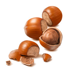 Wall Mural - whole and broken hazelnuts isolated on white background. nuts, kernels and nutshells for vertical la