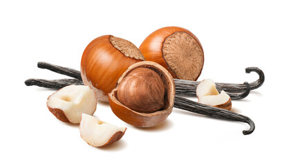 Wall Mural - hazelnuts and vanilla beans isolated on white background. sticks, whole nuts and broken pieces