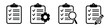 Clipboard icon. Checklist with gear, checkmarks, magnifier and pencil. Vector illustration.
