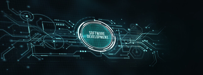 Internet, business, Technology and network concept. Inscription Software Development on the virtual display. 3d illustration.